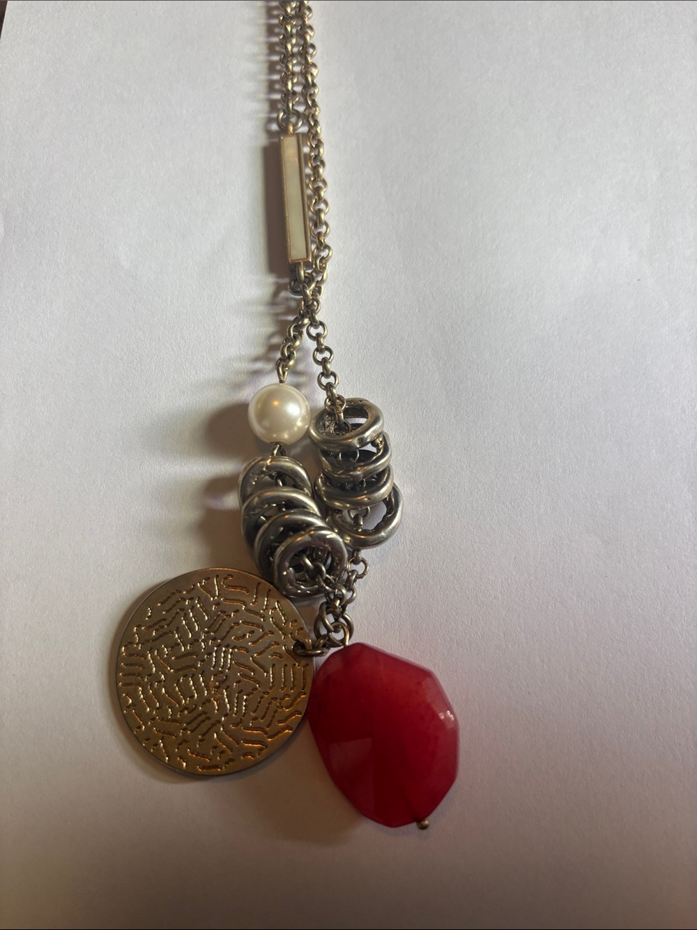 Lia Sophia Silver-Tone Necklace with Red Gem and Pearl Charm